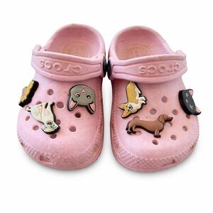 Crocs Kids' Classic Clog in Pink with Dog Cat and Horse Charms size 6